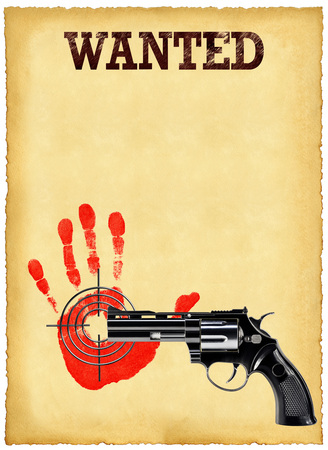 Old sheet of wanted posters and a revolver on a white backgroundの写真素材