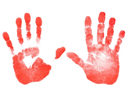 Red prints of the right and left hands on white backgroundの写真素材