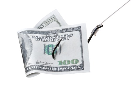 Hundred dollar bill on a fishing hook on white backgroundの写真素材
