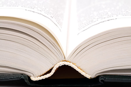 The big open book in green paper cover. Close up view.
