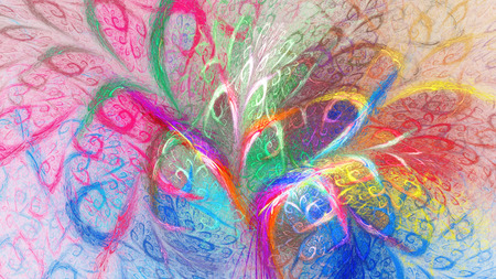 Kaleidoscope sparks. Interweaving branches chaos. 3D surreal illustration. Sacred geometry. Mysterious psychedelic relaxation pattern. Fractal abstract texture. Digital artwork graphic astrology magicの写真素材