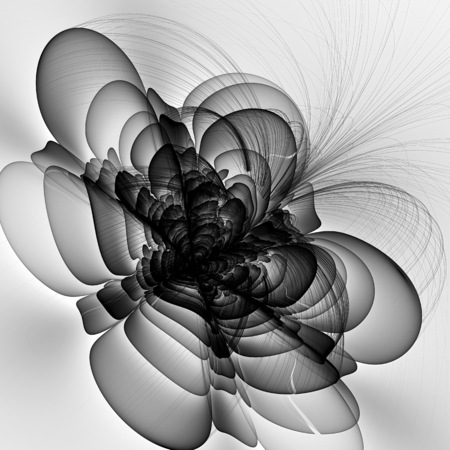 Space flower. Deformation time. Black and white. 3D surreal illustration. Sacred geometry. Mysterious psychedelic relaxation pattern. Fractal abstract texture. Digital artwork graphic astrology magicの写真素材