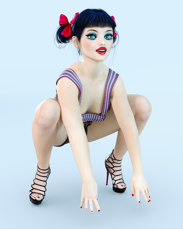 3D girl doll big blue eyes and bright makeup. Woman retro style shorts. High heel. Bow dark hair. Conceptual fashion art. Seductive candid pose. Photorealistic render illustration.の写真素材