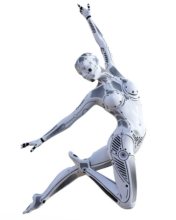Dancing robot woman. White metal droid. Artificial Intelligence. Conceptual fashion art. Realistic 3D render illustration. Studio, isolate, high key.の写真素材