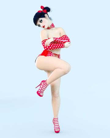 3D sexy girl doll big blue eyes and bright makeup. Woman retro style red shorts. High heel. Bow dark hair. Conceptual fashion art. Seductive candid pose. Realistic render illustration.の写真素材