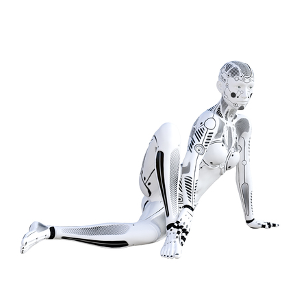 Robot woman. White metal droid. Artificial Intelligence. Conceptual fashion art. Realistic 3D render illustration. Studio, isolate, high key.の写真素材