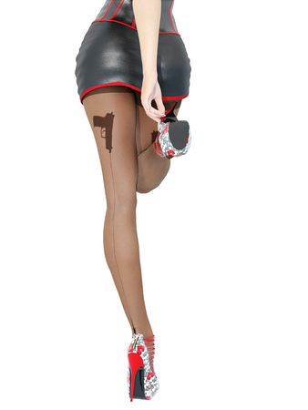 Woman detective.Dark nylon tights with guns, bullets and trajectory line.Short skirt corset.Female domination.Sexy slim female legs dark pantyhose.Seductive pose.Conceptual fashion art.3D renderの写真素材