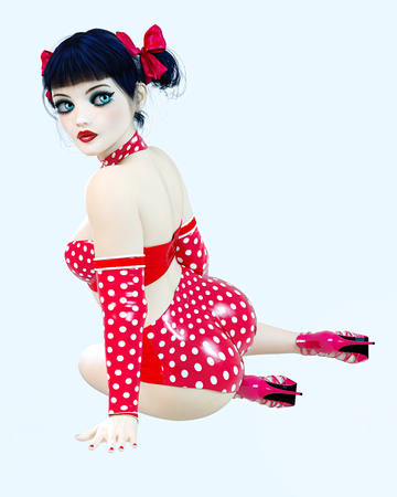 3D sexy girl doll big blue eyes and bright makeup. Woman retro style red shorts. High heel. Bow dark hair. Conceptual fashion art. Seductive candid pose. Realistic render illustration.の写真素材