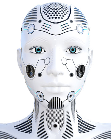 Robot woman. White metal droid. Android girl. Artificial Intelligence. Conceptual fashion art. Realistic 3D render illustration. Studio, isolate, high keyの写真素材