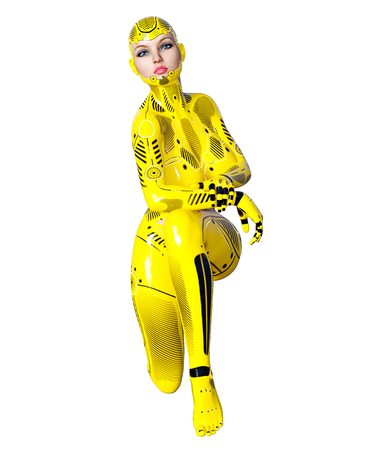 Dancing robot woman. Yellow metal droid with woman's face. Artificial Intelligence. Conceptual fashion art. Realistic 3D render illustration. Studio, isolate, high key.の写真素材