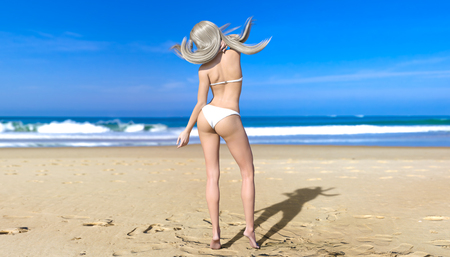 3D beautiful blonde woman. Summer rest. Blue ocean background. Sunny day. Conceptual fashion art. Seductive candid pose. Realistic render illustration.の写真素材