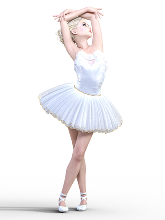 Dancing ballerina 3D. White ballet tutu. Blonde girl with blue eyes. Ballet dancer. Studio photography. High key. Conceptual fashion art. Render realistic illustration. White background.の写真素材