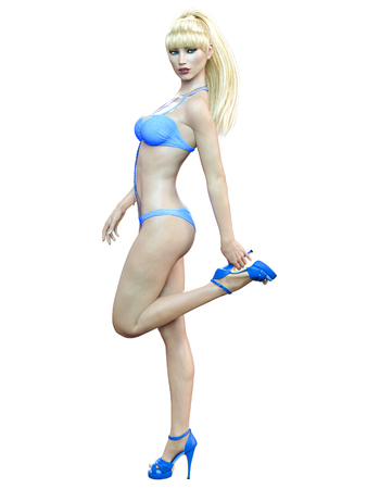 3D beautiful blonde woman blue swimsuit bikini. Summer rest. Conceptual fashion art. Seductive candid pose. Realistic render illustration. Isolateの写真素材
