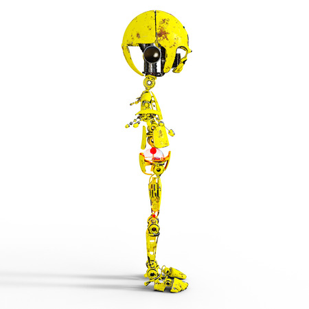 Old sad yellow metal mechanical robot llustration. Pointed and shabby toy droid. Conceptual 3d render art. isolated.の写真素材