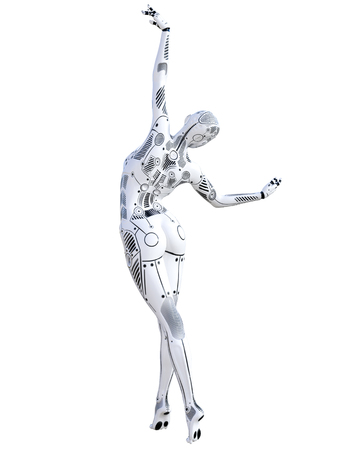Dance robot woman. Metal droid. Artificial Intelligence. Conceptual fashion art. Realistic 3D render illustration. Studio, isolate, high key.の写真素材