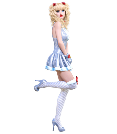 Young beautiful Santa girl doll face. Short silver festive dress fur. Long blonde hair. Bright make up. Conceptual fashion art. Realistic 3D render illustration. Christmas, New Year.の写真素材