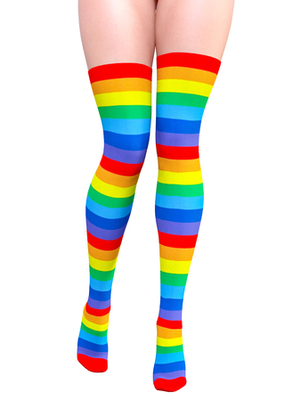 3D Beautiful female legs in multicolored gaiters stockings. Woman studio photography. High heel. Conceptual fashion art. Seductive candid pose. Render illustration. Summer clothes.の写真素材