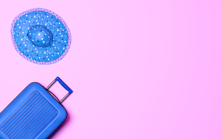 Suitcase with sun hat on pastel background. Travel concept. Minimal style. Copy space. 3d render illustrationの写真素材
