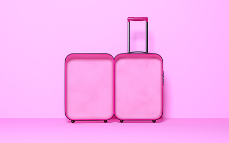 Suitcase on pastel background. Travel baggage concept. Minimal style. Copy space. 3D rendering illustrationの写真素材