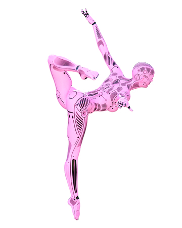 Dance gymnast robot woman. Metal pink droid.Artificial Intelligence.Conceptual fashion art.Realistic 3D render illustration.Studio, isolate, high key.の写真素材