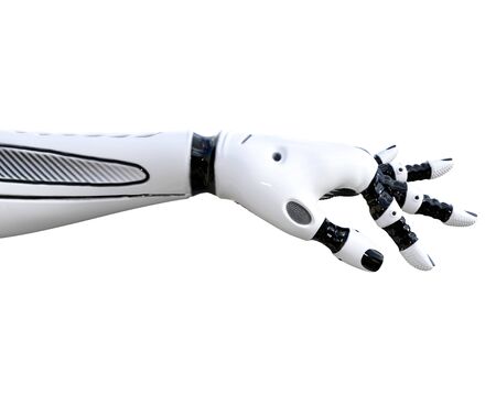 Hand gestures. Robot woman. White metal droid. Android girl. Artificial Intelligence. Conceptual fashion art. 3D render illustration.の写真素材