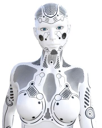 Robot woman. White metal droid. Android girl. Artificial Intelligence. Conceptual fashion art. Realistic 3D render illustration. Studio, isolate, high key.の写真素材