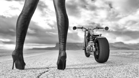 Female legs leather boots background of road, sky and bike.Desert road.Back view.Sexy pose.Girl desperate traveler.Dramatic high key.3D rendering conceptual illustration.Black and white.の写真素材