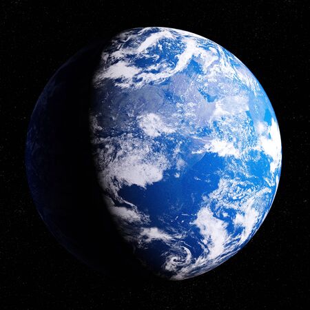 Blue planet Earth.View from space of geostationary orbit.Earth full disk.Clouds, oceans, land.Day and night.Farewell to planet.Space trip.Terminator.の写真素材