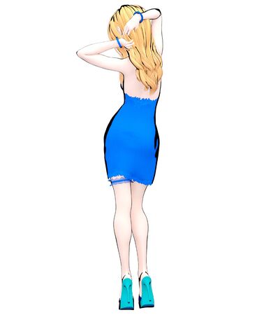 3D render sexy anime doll japanese girl big blue eyes bright makeup.Blue short dress with slit.Lace garter on leg.Cartoon, comics, sketch, drawing, manga isolated illustration.Conceptual fashion art.の写真素材