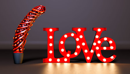 Silicon vibrator (dildo) on dark background.Glowing red neon text "love".3D render conceptの写真素材