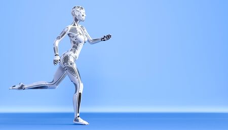 Run robot woman.White metal droid girl.Artificial Intelligence.Conceptual fashion art.3D render illustration.Studio, blue background, high key.Copy spaceの写真素材