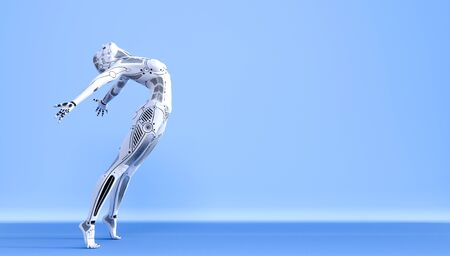 Dance robot woman.White metal droid girl.Artificial Intelligence.Conceptual fashion art.3D render illustration.Studio, blue background, high key.Copy spaceの写真素材