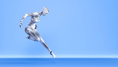 Dance robot woman.White metal droid girl.Artificial Intelligence.Conceptual fashion art.3D render illustration.Studio, blue background, high key.Copy spaceの写真素材