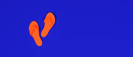 Rubber slippers on pastel background.Summer vacation concept.Minimal style.Copy space.Holiday, rest, recreation, relaxation.3D rendering isolate illustration.Modern trend color 2020-Phantom Blueの写真素材