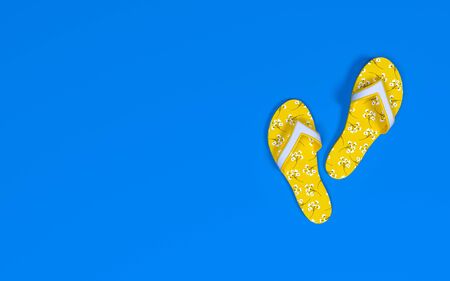 Rubber slippers on pastel background.Summer vacation concept.Minimal style.Copy space.Holiday, rest, recreation, relaxation.3D rendering isolate illustrationの写真素材