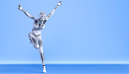 Dance robot woman.White metal droid girl.Artificial Intelligence.Conceptual fashion art.3D render illustration.Studio, blue background, high key.Copy spaceの写真素材
