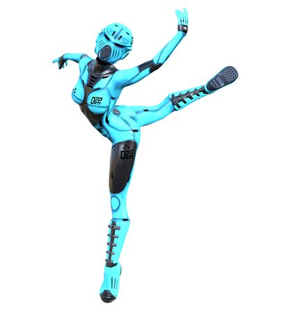 Dancing robot woman.Azure matte plastic metal droid.Android girl.Artificial Intelligence.Conceptual fashion art.3D render illustration.Studio, isolate, high key.の写真素材