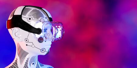 Woman robot virtual reality glasses.White metal droid.Neural networks.Artificial Intelligence.Conceptual fashion art.3D render.Colorful smoke background.Copy space.Minimal style.Sci-fi.Future is todayの写真素材