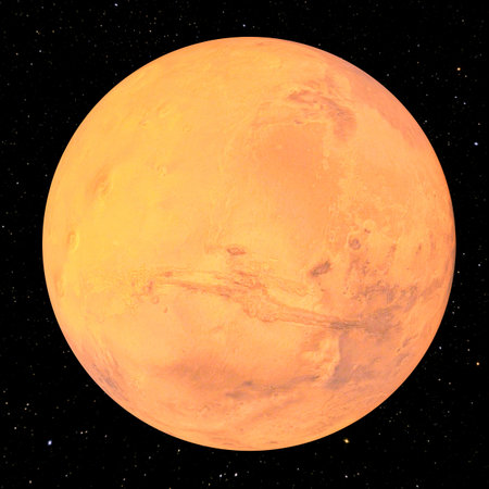 Distant Alien Red Planet. Cosmic landscape. Skyline terminator. 3D render illustration