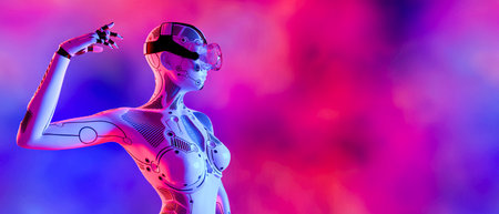 Woman robot virtual reality glasses.White metal droid.Neural networks.Artificial...