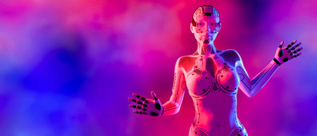 Woman robot virtual reality glasses.White metal droid.Neural networks.Artificial...