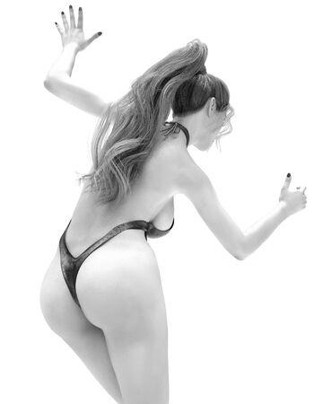 3D beautiful woman in monokini swimsuit.Conceptual fashion art.Seductive candid pose.Realistic render illustration.Studio photography.Isolate.High key monochrome.Black and whiteの写真素材