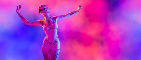 Woman robot virtual reality glasses. White metal droid. Neural networks. Artificial Intelligence. Conceptual fashion art. 3D render. Colorful smoke background.の写真素材