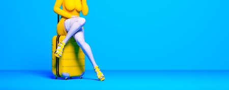 Woman light short dress sit on suitcase wheels. Female stockings legs pastel wall background. 3dの写真素材