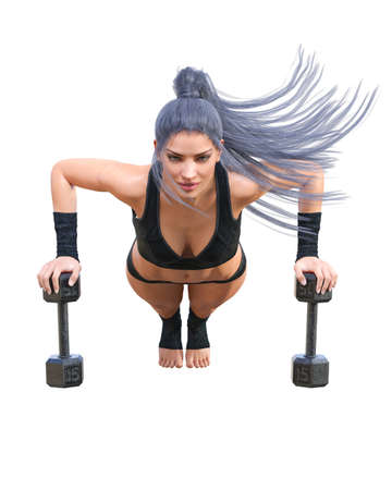 Beautiful athlete woman with dumbbells.Girl in sports bikini.Strong woman doing weights.Sports lifestyle.Woman studio photography.Conceptual fashion art.Femme fatale.3D Render.の写真素材