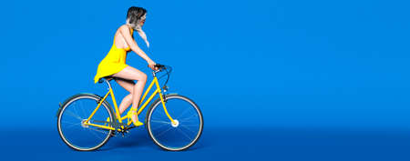 Girl skirt on bicycle.Ecological urban transport.Vintage bicycle room against wall.Studio photography.Minimal style.Copy space.3D render bike illustration.の写真素材