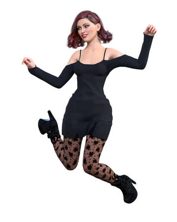 Beautiful woman black short evening mini dress and stockings.Summer clothes collection.Bright makeup.Woman studio photography.Conceptual fashion art.Seductive candid pose.Femme fatale.3D Render.の写真素材