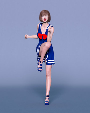 Beautiful asian japan woman in blue yacht dress.Summer clothes collection.Bright makeup.Woman studio photography.Conceptual fashion art.Femme fatale.3D Render.の写真素材