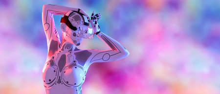 Woman robot virtual reality glasses.White metal droid.Neural networks.Artificial...