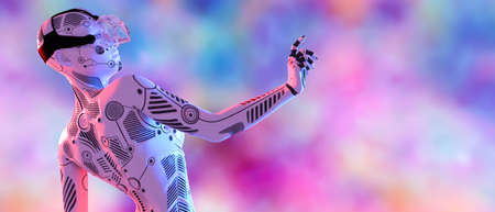 Woman robot virtual reality glasses.White metal droid.Neural networks.Artificial Intelligence.Conceptual fashion art.3D render.Colorful smoke background.Copy space.Minimal style.Sci-fi.Future is todayの写真素材